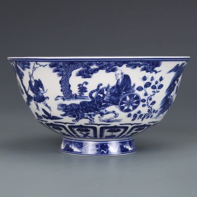 12cm Qing Qianlong Blue White Porcelain Figure Pattern Bowl Antique Ornaments Decorate