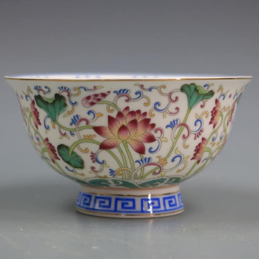12cm Chinese Qing Qianlong Famille Rose Lotus Pattern Bowl Antique Home Decoration