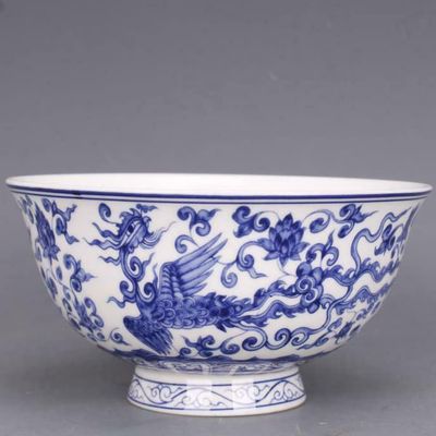 11.8cm Chinese Qing Qianlong Blue White Porcelain Phoenix Dragon Pattern Bowl
