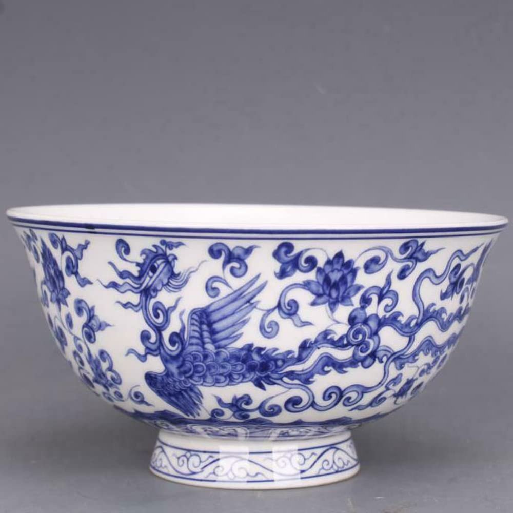 11.8cm Chinese Qing Qianlong Blue White Porcelain Phoenix Dragon Pattern Bowl