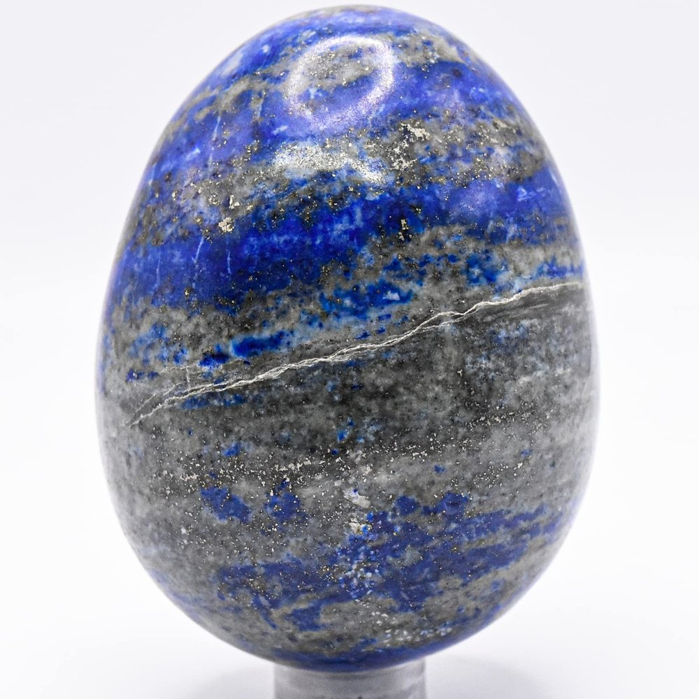 2.4" 260g Blue Lapis Lazuli w/Pyrite & Calcite Egg Polished Natural Gemstone Crystal Mineral Specimen - Afghanistan + Stand