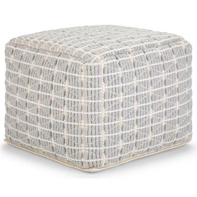 Pemberly Row Boho Square Pouf in Light Blue and White Handloom Woven Pattern