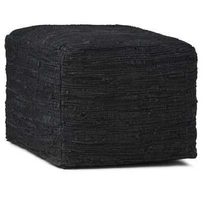 Pemberly Row Square Pouf, Woven Genuine Leather Upholstery, Black Finish, 18 in x 18 in x 14 in, Boho Contemporary Style, Versatile Foot Stool or Accent Furniture for Living Room, Bedroom