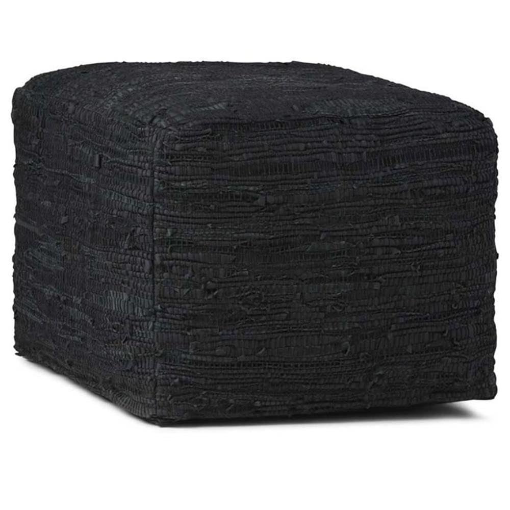 Pemberly Row Square Pouf, Woven Genuine Leather Upholstery, Black Finish, 18 in x 18 in x 14 in, Boho Contemporary Style, Versatile Foot Stool or Accent Furniture for Living Room, Bedroom