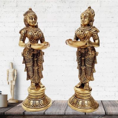Mohan Jodero Brass Deep Laxmi, Brass Devi Holding Diya Set of 2