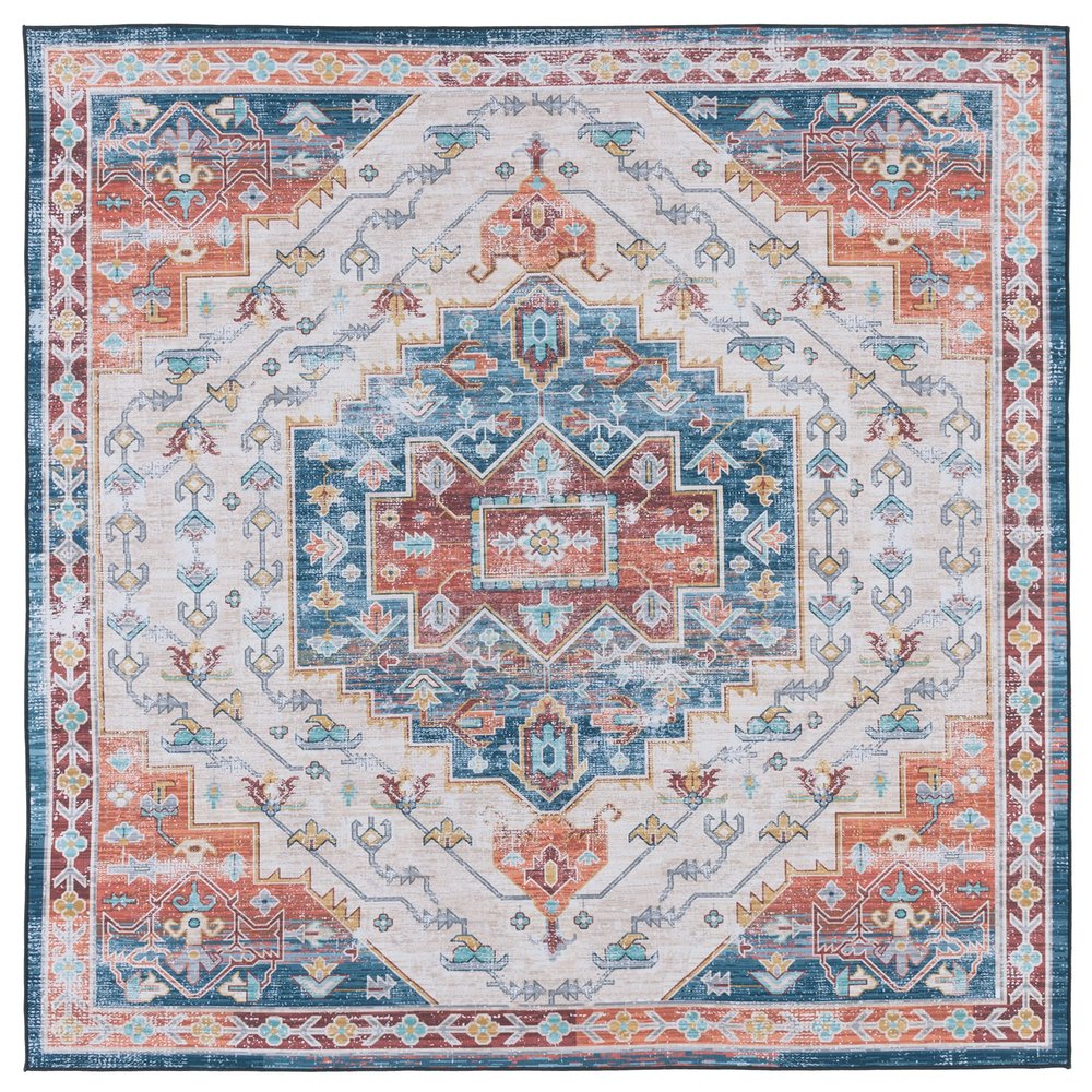 SAFAVIEH Washable Rug Tucson Collection - 6' Square, Blue & Rust, Slip Resistant & Easy to Clean, Ideal for Living Room, Bedroom, Dining Space (TSN116M)