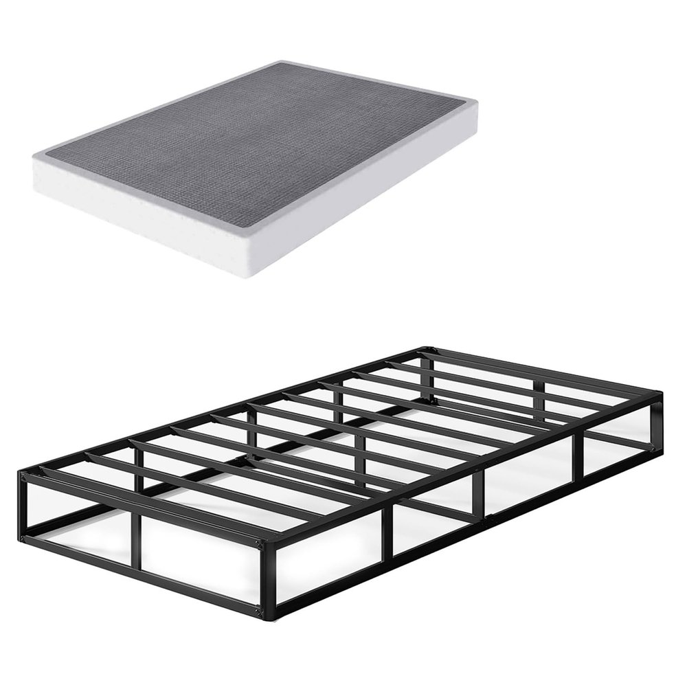 THEOCORATE Twin Box Spring and Cover Set, 5 Inch Low Profile Metal BoxSpring, Heavy Duty Structure with Easy Clean Bed Skirt, Mattress Foundation, Noise Free, Non-Slip, Easy Assembly