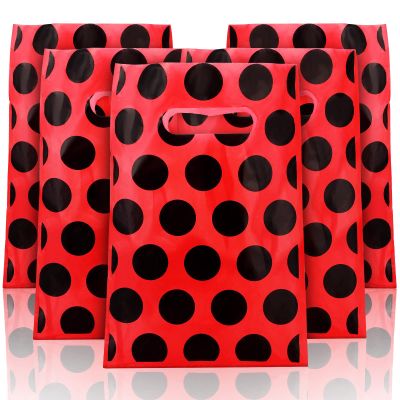 Teling 100 Pcs Ladybug Gift Bags Watermelon Ladybug Party Supplies Party Birthday Plastic Red Black Polka Dot Bags for Candy Wedding Shower Decorations