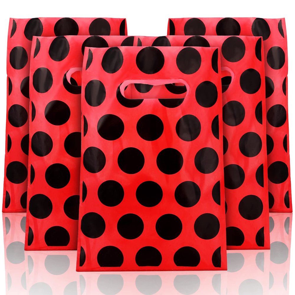 Teling 100 Pcs Ladybug Gift Bags Watermelon Ladybug Party Supplies Party Birthday Plastic Red Black Polka Dot Bags for Candy Wedding Shower Decorations