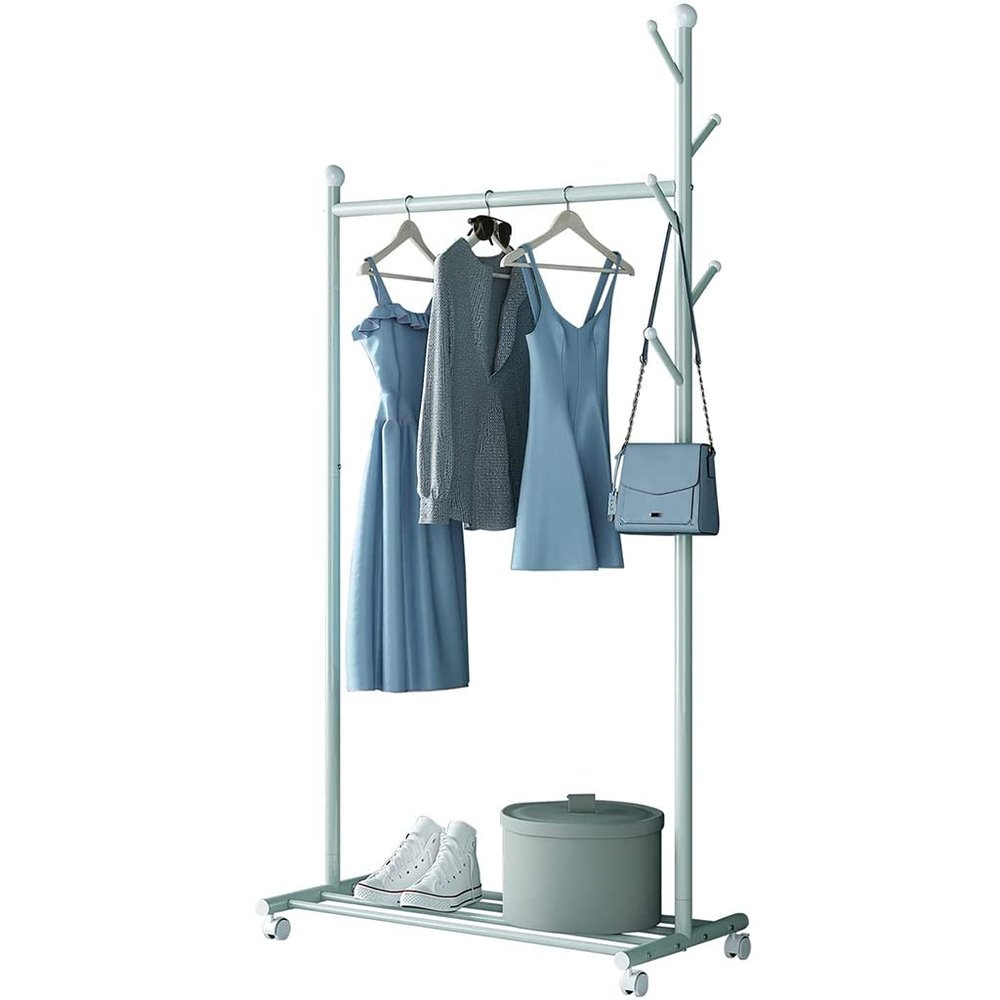 SHATONG Coat Rack 2-in-1 Coat Rack Rolling Garment Rack with Bottom Shelves and Side Hooks,freestanding Clothes Hanging Rack with Shelves for Hanging Coats,Jackets,Hats,Bags,Umbrellas
