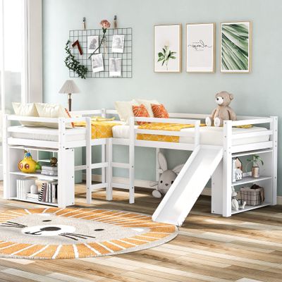 Loft Bed with Movable Two-Tier Shelves/Slide, Twin Size L-Shaped Loft Bed,Solid Wood Low Loft Bed Frame with Two Built-in Ladders, Space Saving Design (White,Two-Tier Shelves)