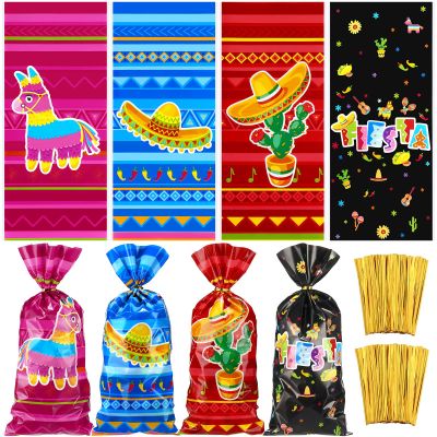 Eaasty 120 Pieces Mexican Fiesta Cellophane Treat Bags Mexican Candy Bags Cinco De Mayo Goody Sacks Fiesta Party Favor with 150 Golden Twist Ties for Cinco De Mayo Party Supplies(Mexican Fiesta Style)