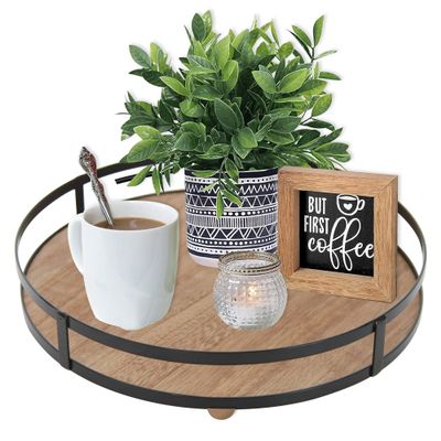 Defined Deco 12in Decorative Tray-Round Serving Tray with Metal Handle-Decorative Trays for Home Decor,Living Room Decor,Coffee Table Decor,Rustic Wooden Tray for Kitchen Table Decor,Dining Table.
