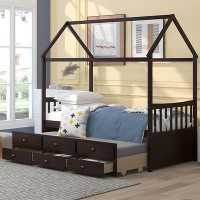 Solid Wood Twin Size House Bed with Roof/Trundle/3 Storage Drawers, Platform Bed Sofa Bed for Bedroom Furniture, Living Room, No Box Spring Needed, Can Be Decorated (Espresso-THD)