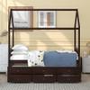 Solid Wood Twin Size House Bed with Roof/Trundle/3 Storage Drawers, Platform Bed Sofa Bed for Bedroom Furniture, Living Room, No Box Spring Needed, Can Be Decorated (Espresso-THD) view 3