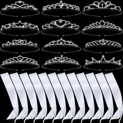 Juinte 12 Set Crown and Sashes Set Blank Satin Sashes for Pageants Rhinestone Prom Queen Tiara Crown White Blank DIY for Birthday Holiday Wedding Bridal Shower Prom Party Supplies(White, Silver)