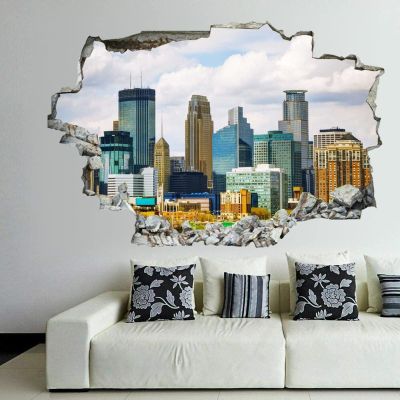 3D Broken Wall Stickers Stickers Downtown Minneapolis, Minnesota on A Cloudy Day 36 x 24 Inch Removable Wall Decal, Peel and Stick Landscape Wall Decor for Bedroom Living Room, Mural Art for Kids Boy