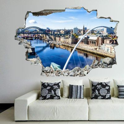 3D Broken Wall Stickers Stickers The Iconic Tyne Bridge Across The River Tyne 36 x 24 Inch Removable Wall Decal, Peel and Stick Landscape Wall Decor for Bedroom Living Room, Mural Art for Kids Boys G