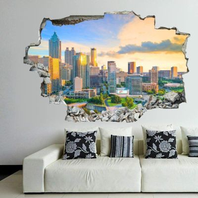 3D Broken Wall Stickers Stickers Atlanta City Skyline at Sunset in Georgia, USA(2) 36 x 24 Inch Removable Wall Decal, Peel and Stick Landscape Wall Decor for Bedroom Living Room, Mural Art for Kids B