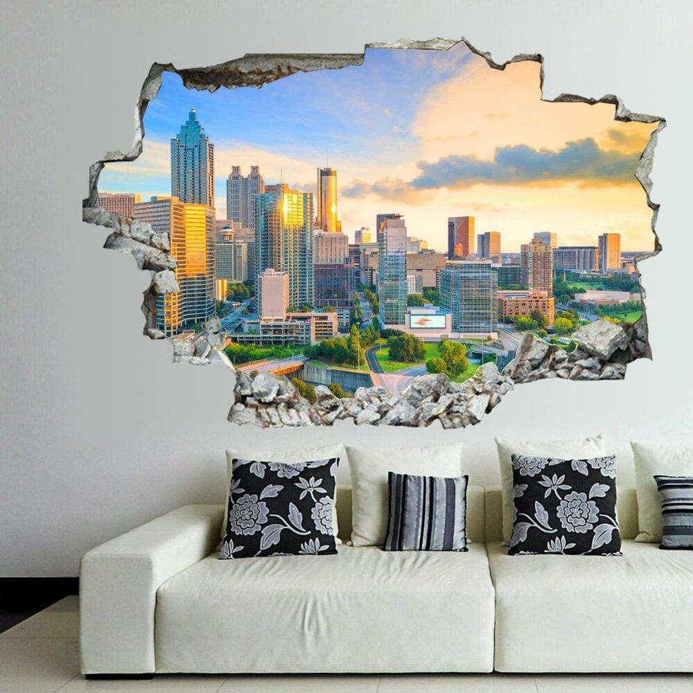 3D Broken Wall Stickers Stickers Atlanta City Skyline at Sunset in Georgia, USA(2) 36 x 24 Inch Removable Wall Decal, Peel and Stick Landscape Wall Decor for Bedroom Living Room, Mural Art for Kids B