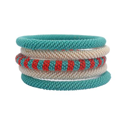 Pure Hands Handmade Seed Bead Bangles Set of 5 in Aquarelle Blue, Whisper White & Poinciana Red Encomium Goddess Studio | Japanese Beads | Womens Jewelry