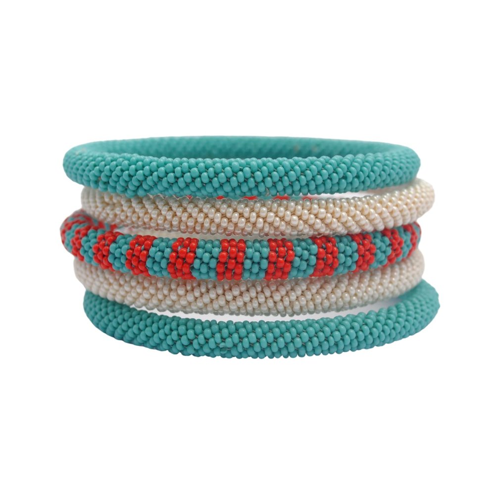 Pure Hands Handmade Seed Bead Bangles Set of 5 in Aquarelle Blue, Whisper White & Poinciana Red Encomium Goddess Studio | Japanese Beads | Womens Jewelry