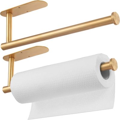 2 Pcs Paper Towel Holder, Self Adhesive Gold Paper Towel Holder Under Cabinet, SUS304 Stainless Steel Wall Mount Paper Towel Holder for Kitchen, Countertop, Cabinet, Bathroom