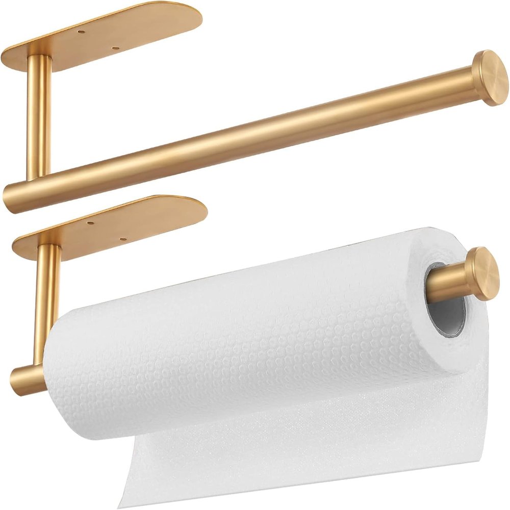2 Pcs Paper Towel Holder, Self Adhesive Gold Paper Towel Holder Under Cabinet, SUS304 Stainless Steel Wall Mount Paper Towel Holder for Kitchen, Countertop, Cabinet, Bathroom