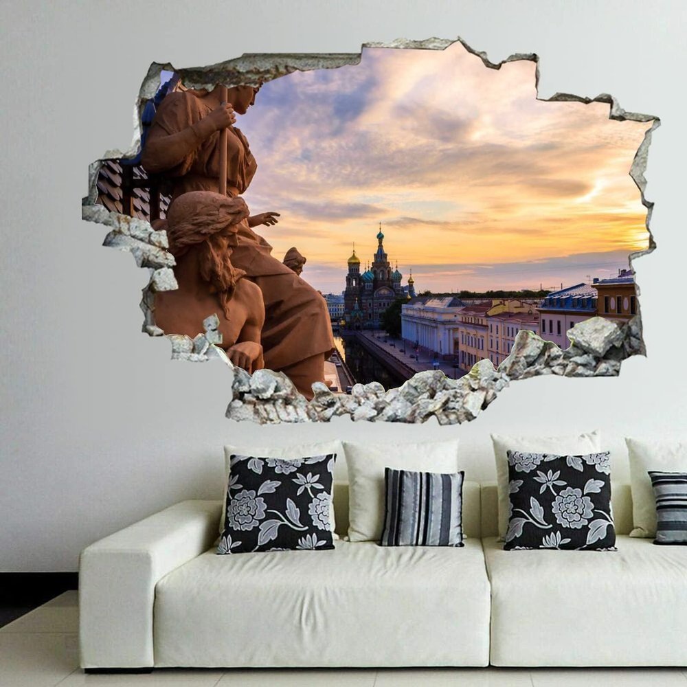 3D Broken Wall Stickers Stickers Historical Bank and Church of The Savior 36 x 24 Inch Removable Wall Decal, Peel and Stick Landscape Wall Decor for Bedroom Living Room, Mural Art for Kids Boys Girls