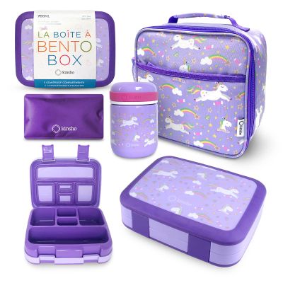 Bento Box with Stainless Steel Thermo, Insulated Lunch Bag, Ice Pack Set for Kids - 5 Compartments, Lunches or Snack Container for Girls, Toddlers Daycare Pre-School, Kindergarten Purple Unicorn