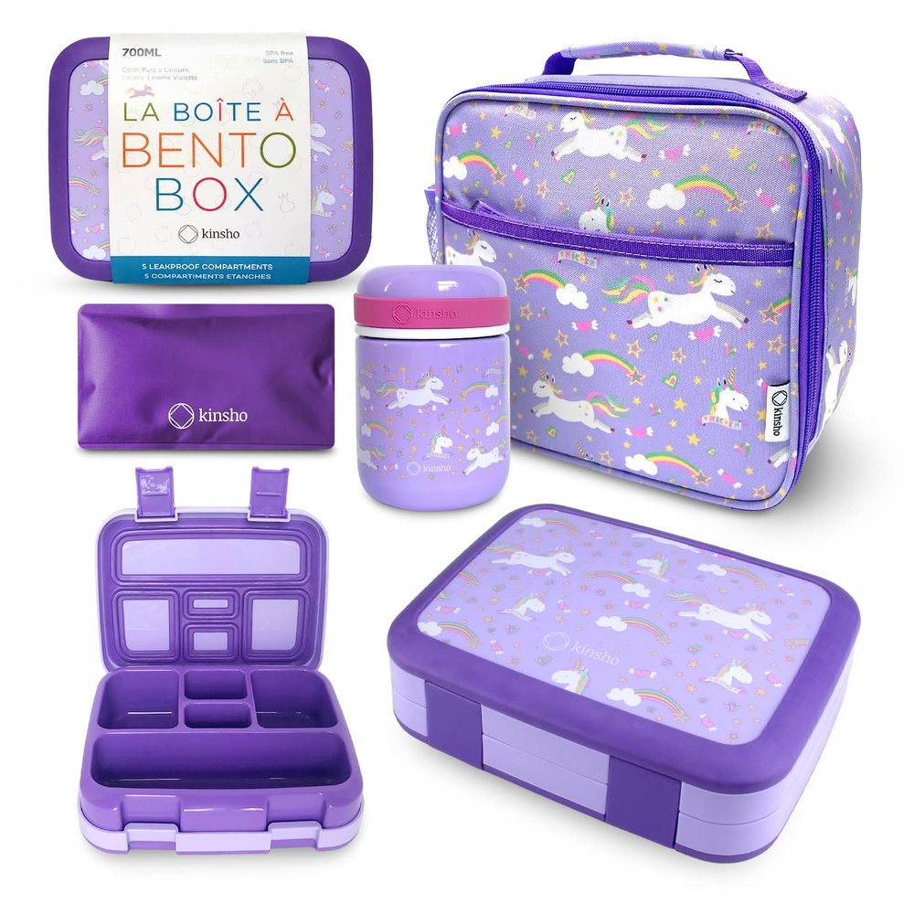 Bento Box with Stainless Steel Thermo, Insulated Lunch Bag, Ice Pack Set for Kids - 5 Compartments, Lunches or Snack Container for Girls, Toddlers Daycare Pre-School, Kindergarten Purple Unicorn