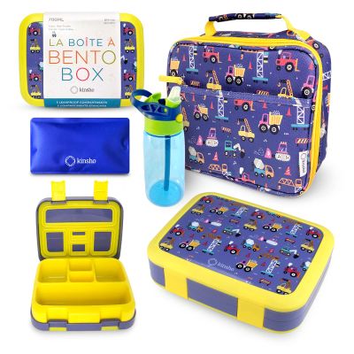 Bento Box, Insulated Lunch Bag, Ice Pack & Water Bottle Set for Kids - 5 Compartments, Lunches or Snack Container Boys Toddlers Daycare Pre-School, Kindergarten Blue Yellow Trucks