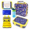 Bento Box, Insulated Lunch Bag, Ice Pack & Water Bottle Set for Kids - 5 Compartments, Lunches or Snack Container Boys Toddlers Daycare Pre-School, Kindergarten Blue Yellow Trucks view 1