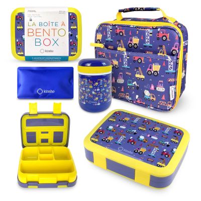 Bento Box with Thermo, Insulated Lunch Bag, & Ice Pack Set for Kids or Toddlers. Stainless Steel Food Jar, 5 Compartment Lunch-Box for Pre-School or Daycare, Blue Yellow Trucks