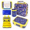 Bento Box with Thermo, Insulated Lunch Bag, & Ice Pack Set for Kids or Toddlers. Stainless Steel Food Jar, 5 Compartment Lunch-Box for Pre-School or Daycare, Blue Yellow Trucks view 1