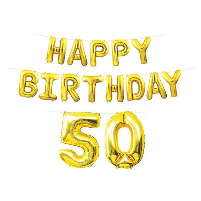 Beistle Happy 50th Birthday Balloon Banner Decorations Mylar Foil Inflatable Hanging Letters Party Supplies, 14.5"-25" x 180", Gold