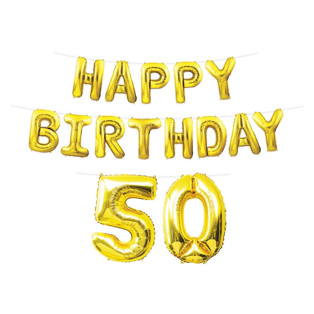 Beistle Happy 50th Birthday Balloon Banner Decorations Mylar Foil Inflatable Hanging Letters Party Supplies, 14.5"-25" x 180", Gold