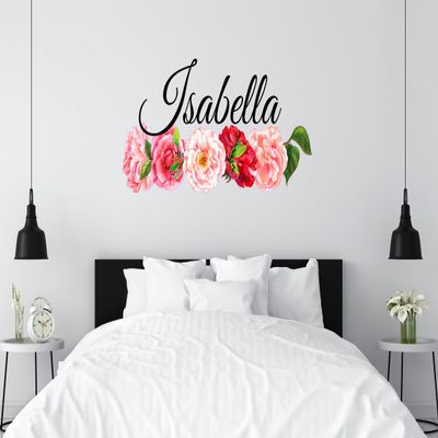 CuteDecals Flower Custom Name Wall Decal - Floral Peonies Roses Camellias Art Decor Flowers Stickers Home Nursery Decoration (Small Wide 20inchx9inch Height)