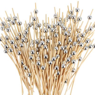 200PCS Silver Pearl Cocktail Picks 4.7" Long Fancy Toothpicks Silver Pearl Food Picks Decorative Bamboo Food Picks for Appetizers Fruits Party Favor