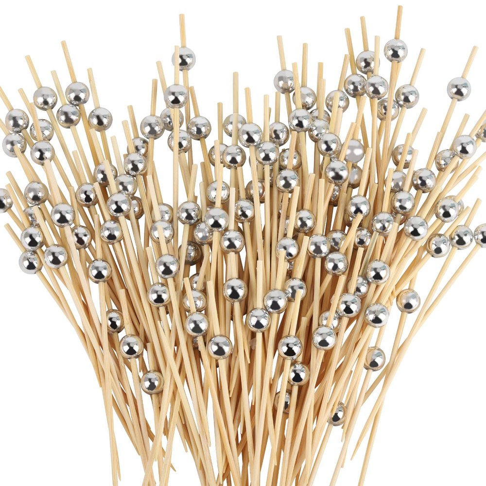 200PCS Silver Pearl Cocktail Picks 4.7" Long Fancy Toothpicks Silver Pearl Food Picks Decorative Bamboo Food Picks for Appetizers Fruits Party Favor