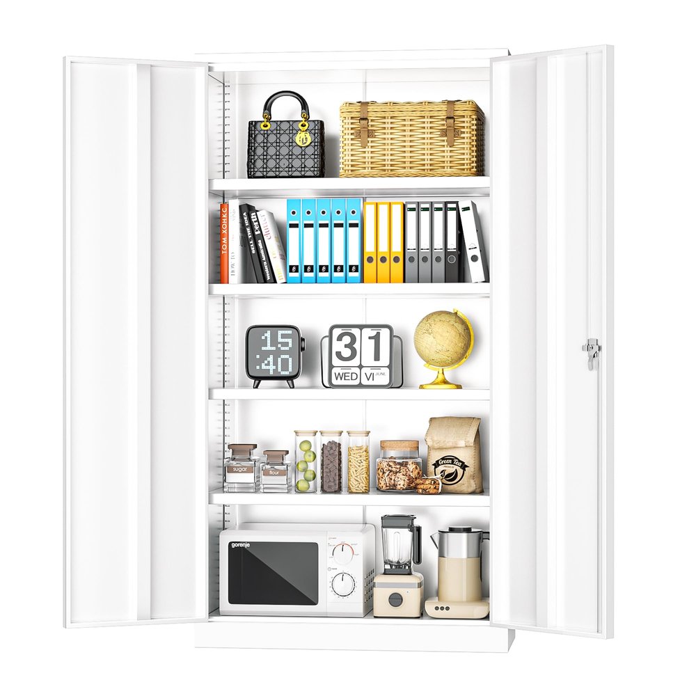 INTERGREAT White Metal Storage Cabinet Doors, 72" Locking Steel Storage Cabinet with Shelves, Tall Metal Cabinet Lockable Steel Cabinets for Home Office