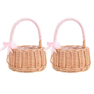MEUMITY 2PCS Rattan Flower Basket.Flower Girl Carry Basket with Lace Bow Lined Handmade Wicker Carry Basket for Vintage Wedding Garden Decor Outdoor Photography Country Style