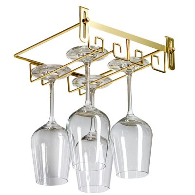 Adjustable Wine Glass Rack Under Cabinet, 2 Row Wine Glass Holder Stemware Rack Hanger, Under Shelf Stemware Storage Rack For Cupboard Kitchen Bar, Can Hang 4-6 Cups (25*22.5*5cm) ( Color : Gold )