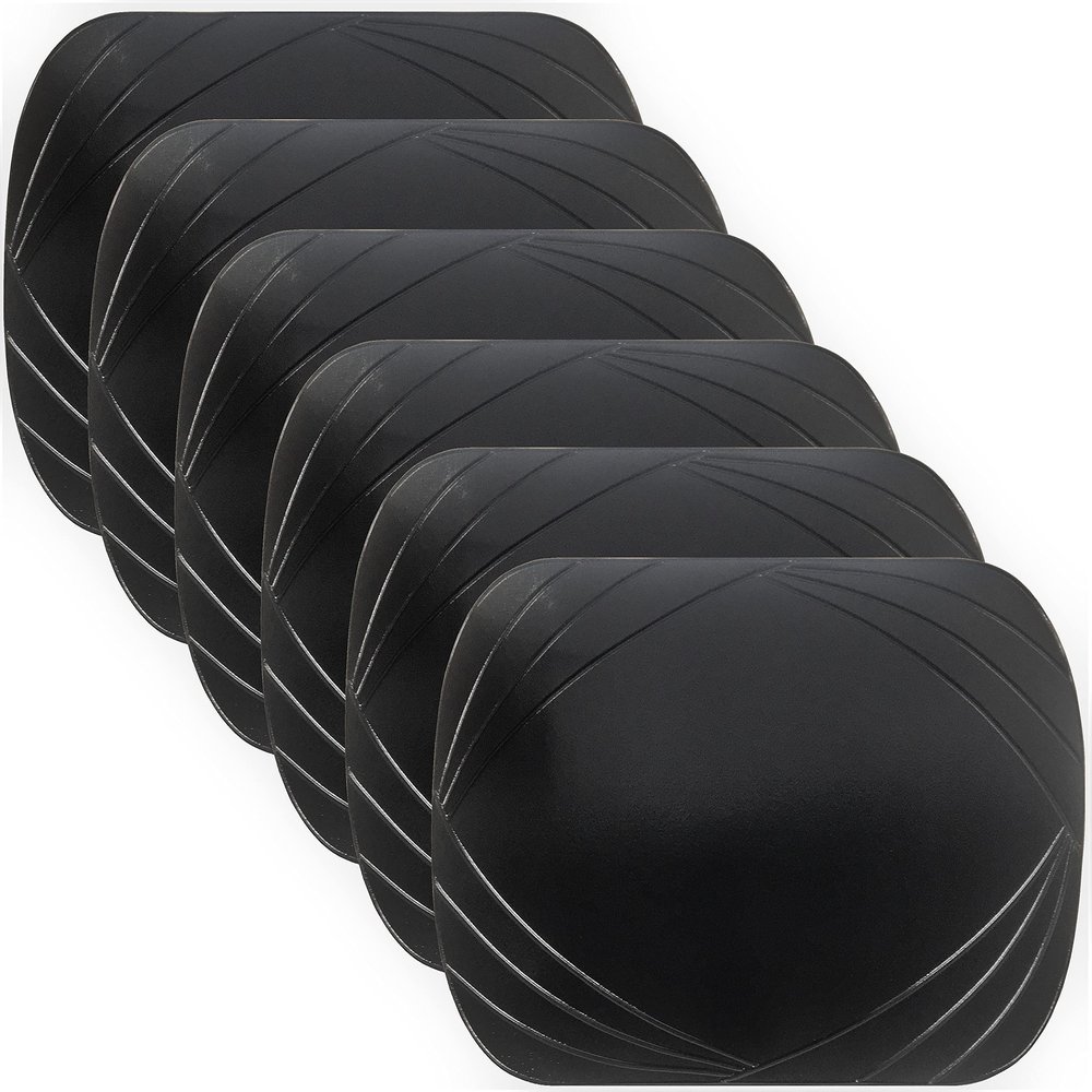 Deluxe Vinyl Placemat Set of 6 Decoration Colors Non-Slip Wipeable 12 by 18 inch (Black)