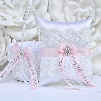 Flower Girl Basket and Ring Bearer Pillow Set in White and Light Pink Color + Personalization
