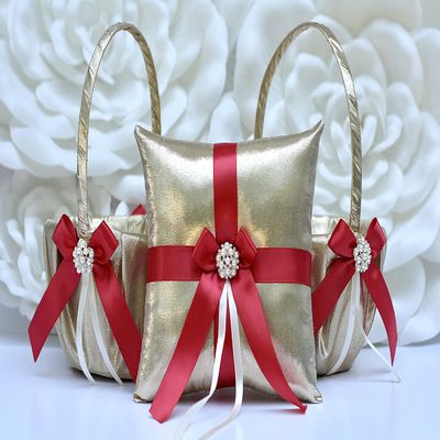 One Ring Pillow and Two Flower Girl Baskets in Gold and Red Color