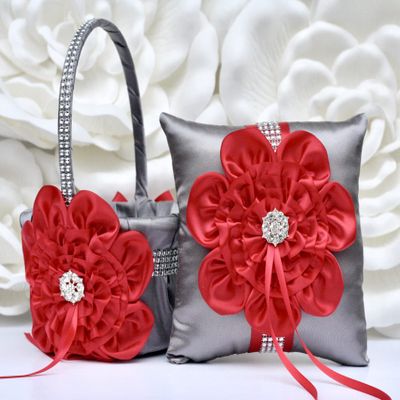 Flower Girl Basket and Ring Bearer Pillow Set in Gray and Red Color