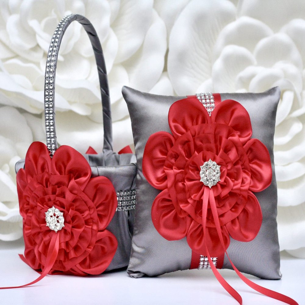 Flower Girl Basket and Ring Bearer Pillow Set in Gray and Red Color
