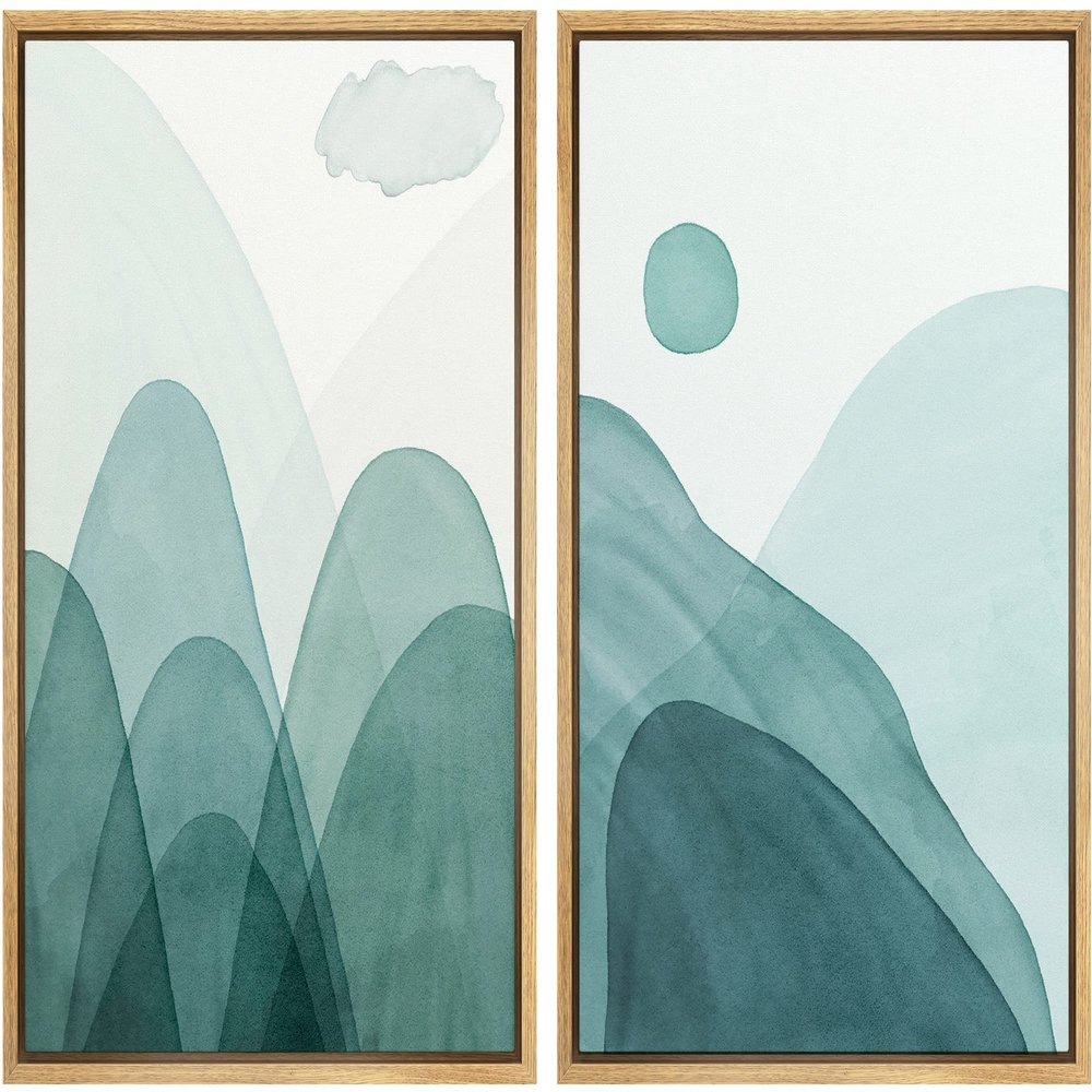 SIGNWIN Framed Canvas Print Wall Art Set Green Watercolor Pastel Mountain Landscape Nature Wilderness Illustrations Modern Art Scenic Colorful for Living Room, Bedroom, Office - 24"x36"x2 Natural