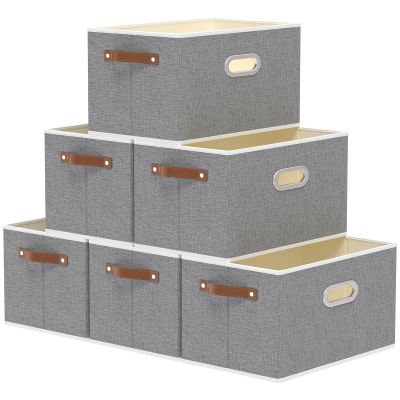 Yawinhe Fabric Storage Bins with Handles, Foldable Baskets for Shelves, Cubes with 3 Handles, Large Boxes for Clothes, Grey, 16.9''Lx11.8''Wx10.2''H, 6-Pack